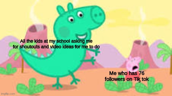 Dinosaur. RAWR!!! | All the kids at my school asking me for shoutouts and video ideas for me to do; Me who has 76 followers on Tik tok | image tagged in dinosaur rawr | made w/ Imgflip meme maker
