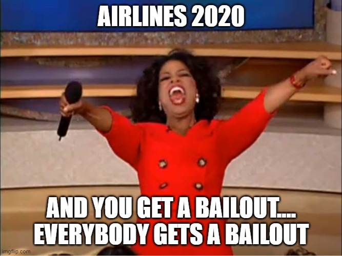 Oprah you get a.... | AIRLINES 2020; AND YOU GET A BAILOUT....
EVERYBODY GETS A BAILOUT | image tagged in oprah you get a | made w/ Imgflip meme maker
