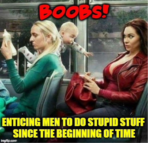 Thirsty Baby Mistaken for Groper | BOOBS! ENTICING MEN TO DO STUPID STUFF        SINCE THE BEGINNING OF TIME | image tagged in vince vance,baby,bus,big boobs,men,funny memes | made w/ Imgflip meme maker