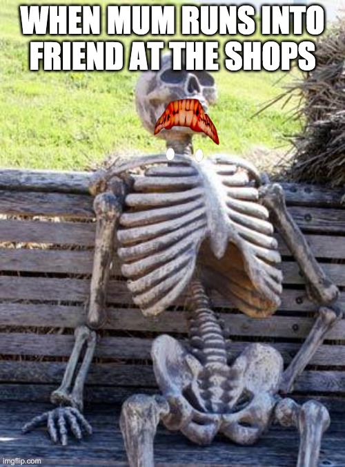 Waiting Skeleton | WHEN MUM RUNS INTO FRIEND AT THE SHOPS | image tagged in memes,waiting skeleton | made w/ Imgflip meme maker