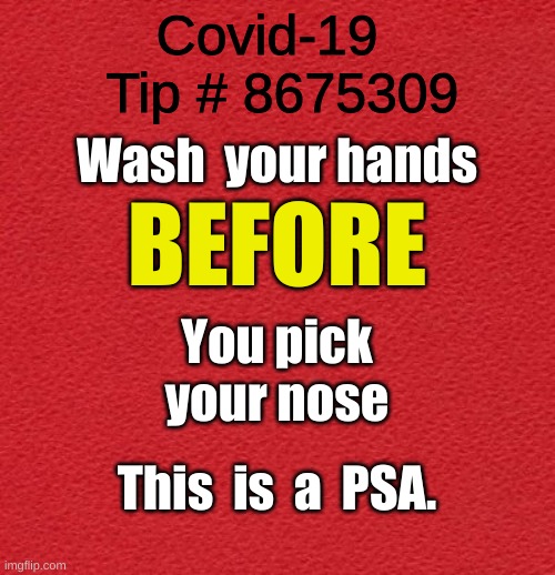 blank red card |  Covid-19   Tip # 8675309; Wash  your hands; BEFORE; You pick your nose; This  is  a  PSA. | image tagged in covid-19,psa | made w/ Imgflip meme maker