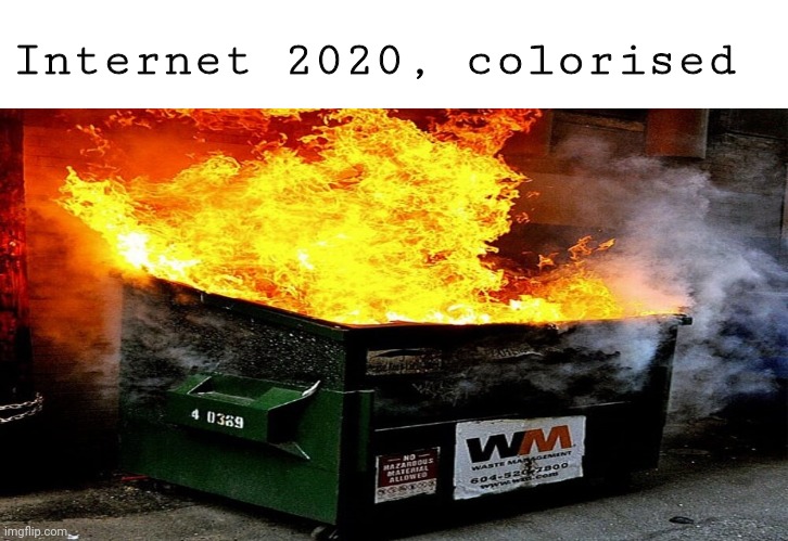 Internet 2020, colorised | image tagged in dumpster fire,the internet | made w/ Imgflip meme maker