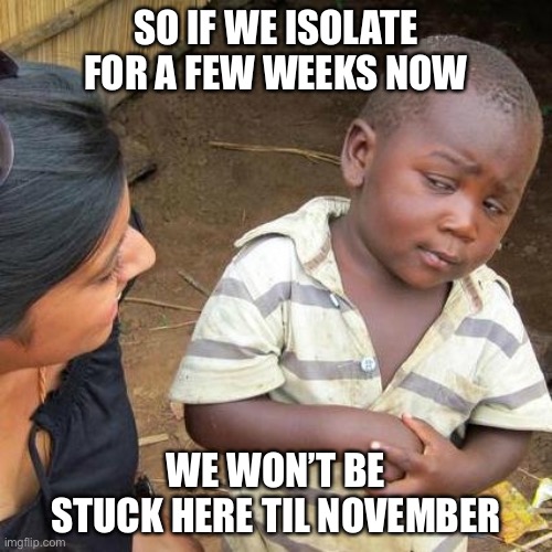 Third World Skeptical Kid Meme | SO IF WE ISOLATE FOR A FEW WEEKS NOW; WE WON’T BE STUCK HERE TIL NOVEMBER | image tagged in memes,third world skeptical kid | made w/ Imgflip meme maker