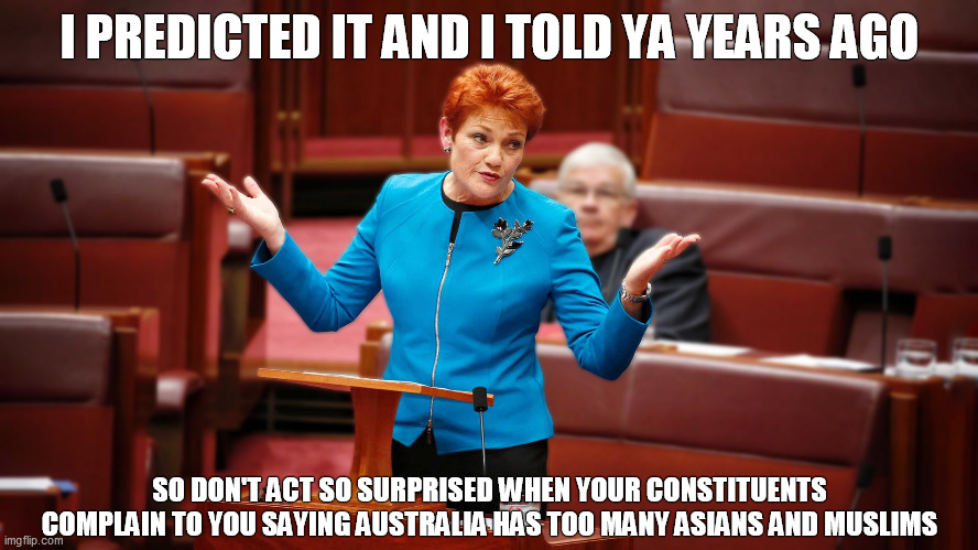 Pauline Hanson told Aussies years ago Australia would be swamped by Asians and Muslims | I PREDICTED IT AND I TOLD YA YEARS AGO; SO DON'T ACT SO SURPRISED WHEN YOUR CONSTITUENTS COMPLAIN TO YOU SAYING AUSTRALIA HAS TOO MANY ASIANS AND MUSLIMS | image tagged in muslims,immigration,australia,i told you,asians,overpopulation | made w/ Imgflip meme maker