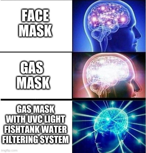 Expanding brain 3 panels | FACE MASK GAS 
MASK GAS MASK WITH UVC LIGHT FISHTANK WATER FILTERING SYSTEM | image tagged in expanding brain 3 panels | made w/ Imgflip meme maker