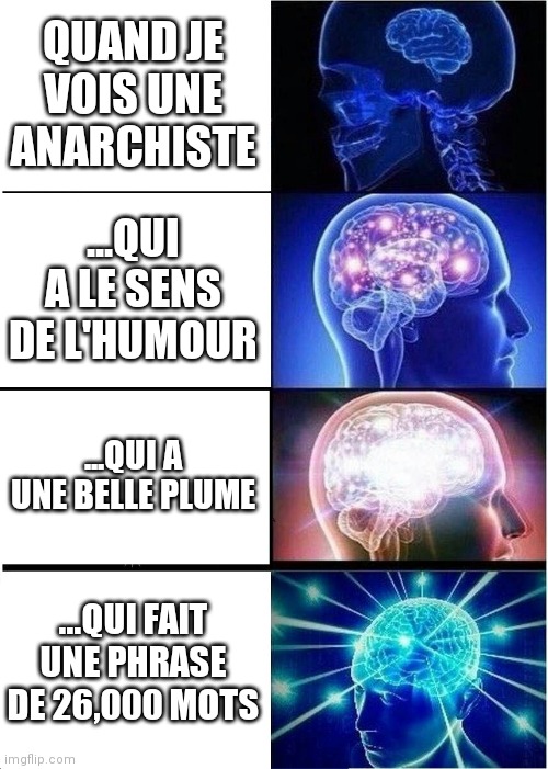 Expanding Brain | QUAND JE VOIS UNE ANARCHISTE; ...QUI A LE SENS DE L'HUMOUR; ...QUI A UNE BELLE PLUME; ...QUI FAIT UNE PHRASE DE 26,000 MOTS | image tagged in memes,expanding brain | made w/ Imgflip meme maker