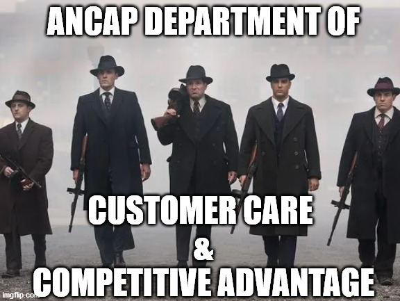 ancap meme | ANCAP DEPARTMENT OF; CUSTOMER CARE
 &

 COMPETITIVE ADVANTAGE | image tagged in ancap,meme | made w/ Imgflip meme maker