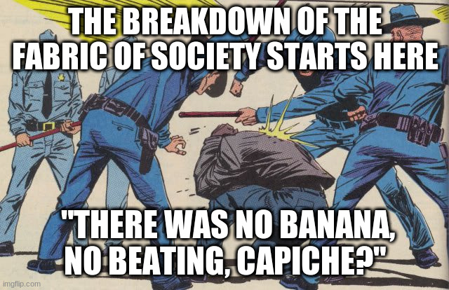 Police Brutality | THE BREAKDOWN OF THE FABRIC OF SOCIETY STARTS HERE; "THERE WAS NO BANANA, NO BEATING, CAPICHE?" | image tagged in police brutality | made w/ Imgflip meme maker