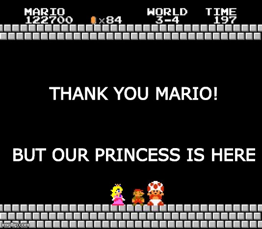 Thank You Mario | THANK YOU MARIO! BUT OUR PRINCESS IS HERE | image tagged in thank you mario | made w/ Imgflip meme maker