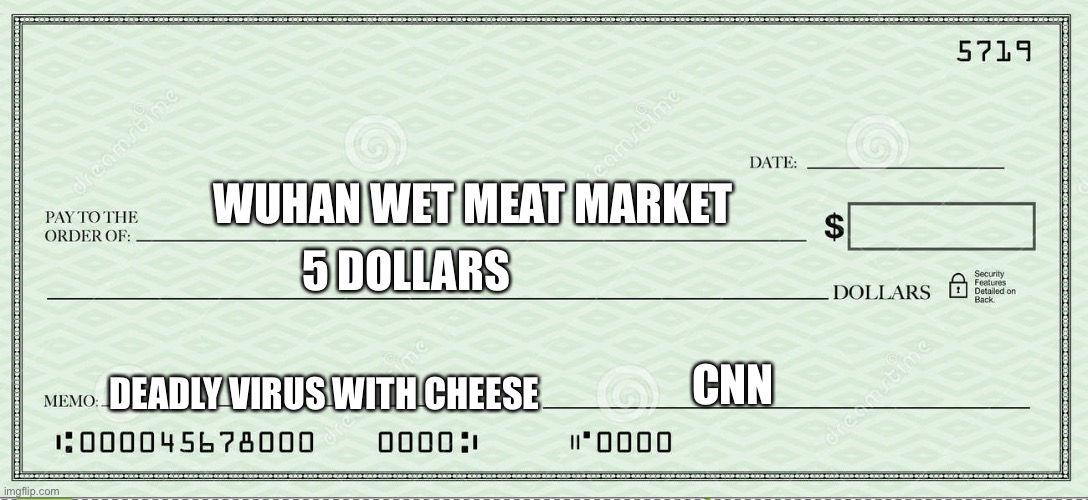 Blank Check | 5 DOLLARS; WUHAN WET MEAT MARKET; CNN; DEADLY VIRUS WITH CHEESE | image tagged in blank check | made w/ Imgflip meme maker