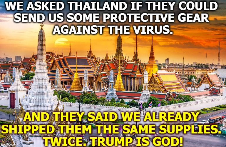 Republicans are against Big Government because they can't run one. | WE ASKED THAILAND IF THEY COULD 
SEND US SOME PROTECTIVE GEAR 
AGAINST THE VIRUS. AND THEY SAID WE ALREADY 
SHIPPED THEM THE SAME SUPPLIES. 
TWICE. TRUMP IS GOD! | image tagged in trump,pandemic,coronavirus,covid-19,incompetence,amateurs | made w/ Imgflip meme maker