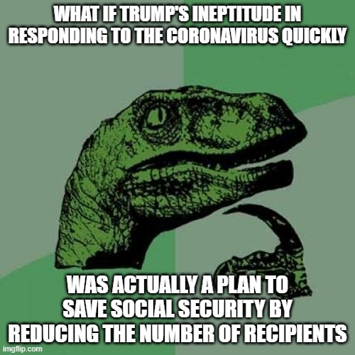 Philosoraptor Meme | WHAT IF TRUMP'S INEPTITUDE IN RESPONDING TO THE CORONAVIRUS QUICKLY; WAS ACTUALLY A PLAN TO SAVE SOCIAL SECURITY BY REDUCING THE NUMBER OF RECIPIENTS | image tagged in memes,philosoraptor,trump,coronavirus,covid-19,social security | made w/ Imgflip meme maker