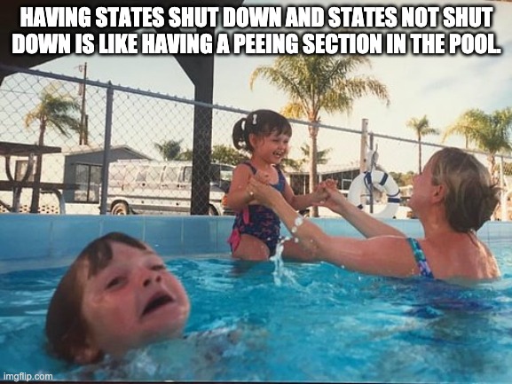 drowning kid in the pool | HAVING STATES SHUT DOWN AND STATES NOT SHUT DOWN IS LIKE HAVING A PEEING SECTION IN THE POOL. | image tagged in drowning kid in the pool,memes | made w/ Imgflip meme maker
