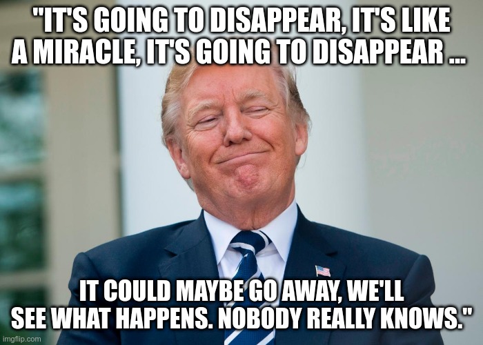 A Miracle | "IT'S GOING TO DISAPPEAR, IT'S LIKE A MIRACLE, IT'S GOING TO DISAPPEAR ... IT COULD MAYBE GO AWAY, WE'LL SEE WHAT HAPPENS. NOBODY REALLY KNOWS." | image tagged in trump,disappear,miracle,nobody knows,coronavirus | made w/ Imgflip meme maker