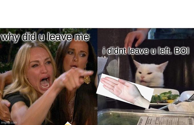 Woman Yelling At Cat | why did u leave me; i didnt leave u left. BOI | image tagged in memes,woman yelling at cat | made w/ Imgflip meme maker