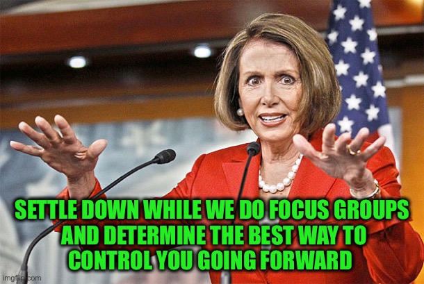 Nancy Pelosi is crazy | SETTLE DOWN WHILE WE DO FOCUS GROUPS
 AND DETERMINE THE BEST WAY TO
CONTROL YOU GOING FORWARD | image tagged in nancy pelosi is crazy | made w/ Imgflip meme maker