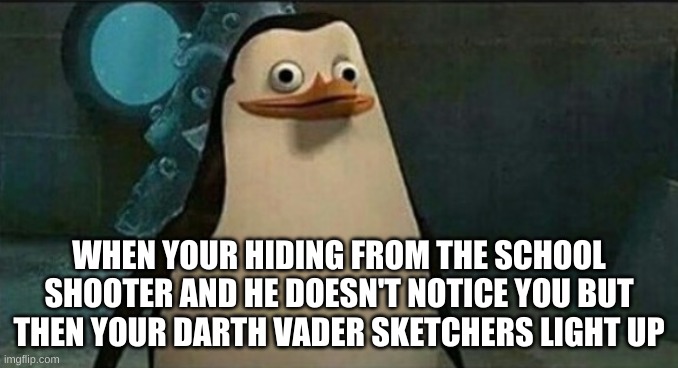 Confused Private Penguin | WHEN YOUR HIDING FROM THE SCHOOL SHOOTER AND HE DOESN'T NOTICE YOU BUT THEN YOUR DARTH VADER SKETCHERS LIGHT UP | image tagged in confused private penguin | made w/ Imgflip meme maker