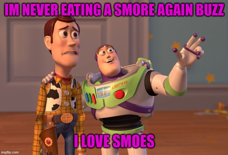 X, X Everywhere | IM NEVER EATING A SMORE AGAIN BUZZ; I LOVE SMOES | image tagged in memes,x x everywhere | made w/ Imgflip meme maker