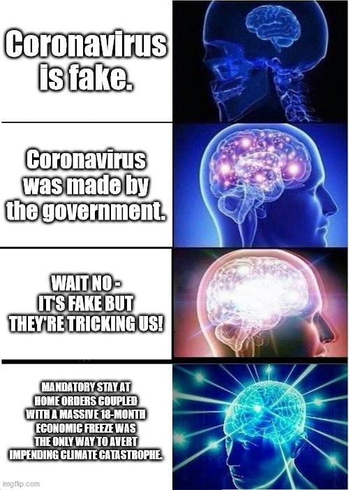 Behind the Virus | Coronavirus is fake. Coronavirus was made by the government. WAIT NO - IT'S FAKE BUT THEY'RE TRICKING US! MANDATORY STAY AT HOME ORDERS COUPLED WITH A MASSIVE 18-MONTH ECONOMIC FREEZE WAS THE ONLY WAY TO AVERT IMPENDING CLIMATE CATASTROPHE. | image tagged in memes,expanding brain,conspiracy theory,coronavirus,quarantine,fake news | made w/ Imgflip meme maker