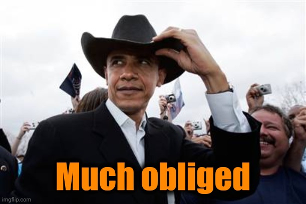 Obama Cowboy Hat Meme | Much obliged | image tagged in memes,obama cowboy hat | made w/ Imgflip meme maker