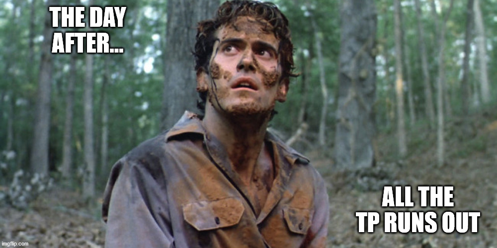 A world without tp | THE DAY AFTER... ALL THE TP RUNS OUT | image tagged in toilet paper,evil dead,coronavirus | made w/ Imgflip meme maker