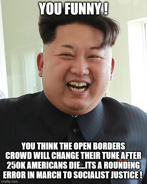 YOU FUNNY ! YOU THINK THE OPEN BORDERS CROWD WILL CHANGE THEIR TUNE AFTER 250K AMERICANS DIE...ITS A ROUNDING ERROR IN MARCH TO SOCIALIST JU | made w/ Imgflip meme maker
