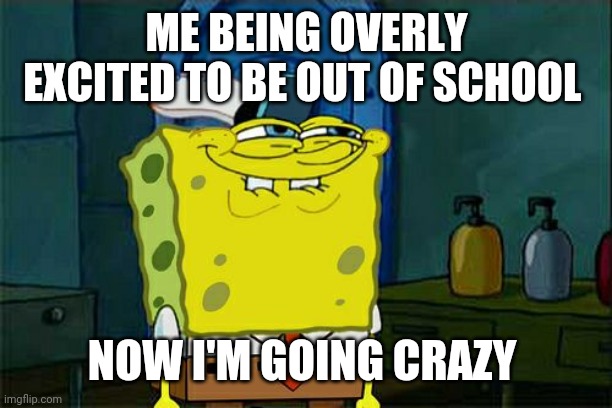 Don't You Squidward Meme | ME BEING OVERLY EXCITED TO BE OUT OF SCHOOL; NOW I'M GOING CRAZY | image tagged in memes,don't you squidward | made w/ Imgflip meme maker