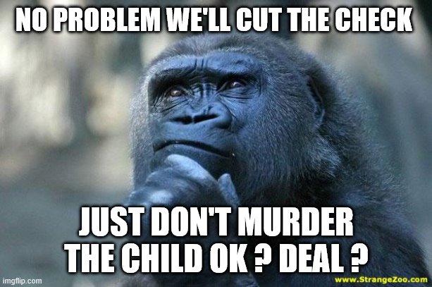 Deep Thoughts | NO PROBLEM WE'LL CUT THE CHECK JUST DON'T MURDER THE CHILD OK ? DEAL ? | image tagged in deep thoughts | made w/ Imgflip meme maker