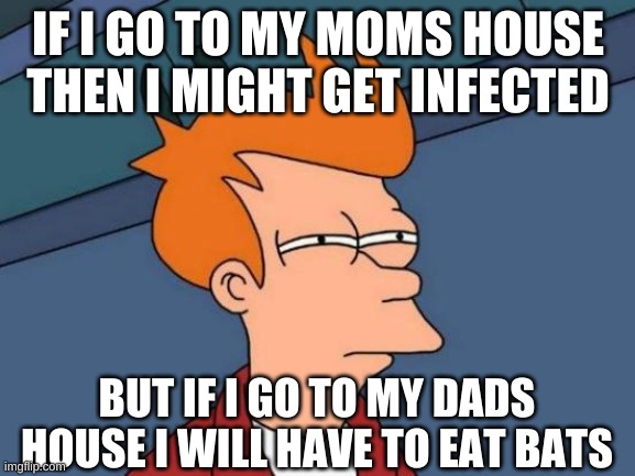 Futurama Fry | IF I GO TO MY MOMS HOUSE THEN I MIGHT GET INFECTED; BUT IF I GO TO MY DADS HOUSE I WILL HAVE TO EAT BATS | image tagged in memes,futurama fry | made w/ Imgflip meme maker