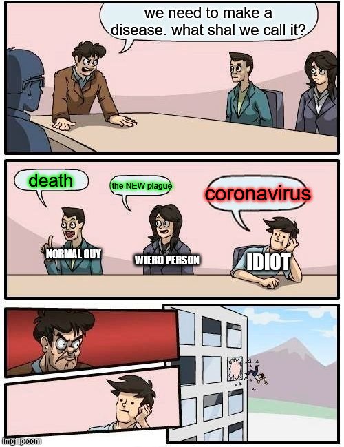 Boardroom Meeting Suggestion Meme | we need to make a disease. what shal we call it? coronavirus; death; the NEW plague; NORMAL GUY; WIERD PERSON; IDIOT | image tagged in memes,boardroom meeting suggestion | made w/ Imgflip meme maker