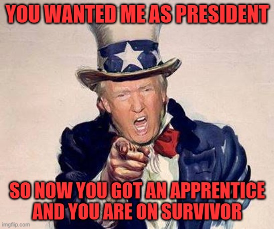 trump uncle sam | YOU WANTED ME AS PRESIDENT; SO NOW YOU GOT AN APPRENTICE AND YOU ARE ON SURVIVOR | image tagged in trump uncle sam | made w/ Imgflip meme maker