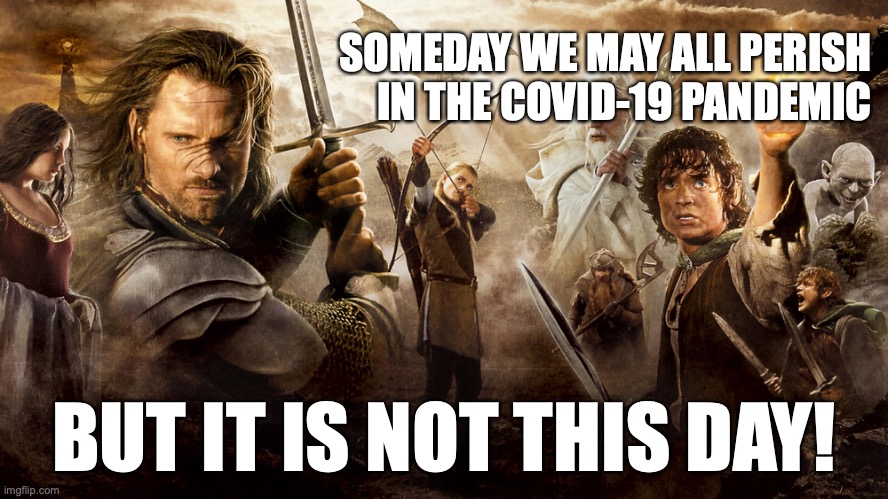 Lord of the Rings - Return of the King | SOMEDAY WE MAY ALL PERISH
IN THE COVID-19 PANDEMIC; BUT IT IS NOT THIS DAY! | image tagged in lord of the rings - return of the king | made w/ Imgflip meme maker