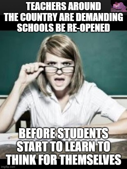 God forbid students become un-indoctrinated. | TEACHERS AROUND THE COUNTRY ARE DEMANDING SCHOOLS BE RE-OPENED; BEFORE STUDENTS START TO LEARN TO THINK FOR THEMSELVES | image tagged in teacher why do i hear talking student because you have ears | made w/ Imgflip meme maker