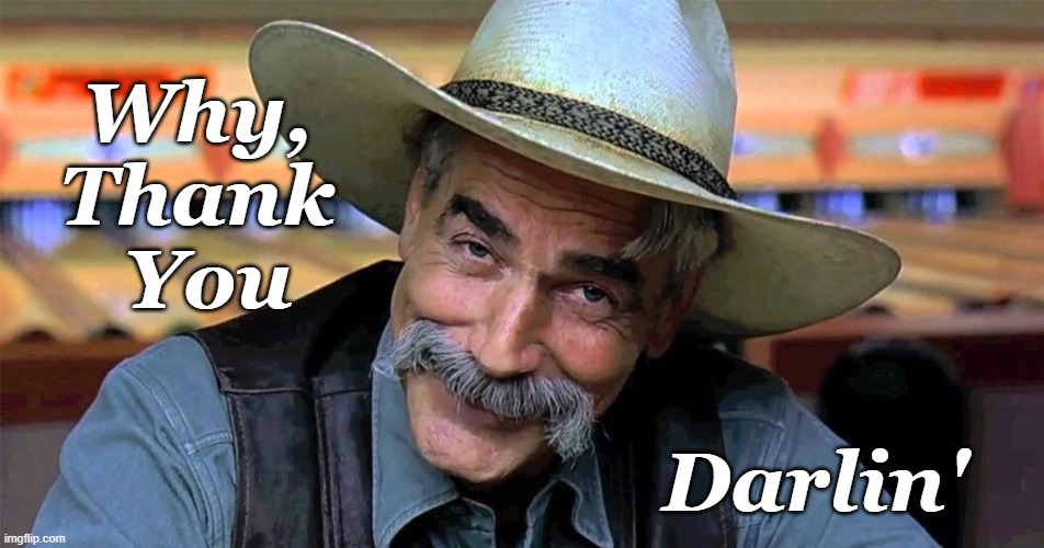 You're Welcome! | Why, Thank  You; Darlin' | image tagged in sam elliott,thank you | made w/ Imgflip meme maker