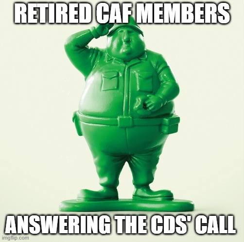 Fat Green Army Man | RETIRED CAF MEMBERS; ANSWERING THE CDS' CALL | image tagged in fat green army man | made w/ Imgflip meme maker