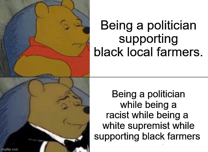 Tuxedo Winnie The Pooh Meme | Being a politician supporting black local farmers. Being a politician while being a racist while being a  white supremist while supporting black farmers | image tagged in memes,tuxedo winnie the pooh | made w/ Imgflip meme maker