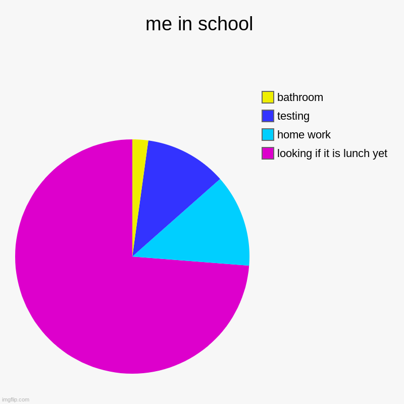 me in school | looking if it is lunch yet, home work, testing, bathroom | image tagged in charts,pie charts | made w/ Imgflip chart maker