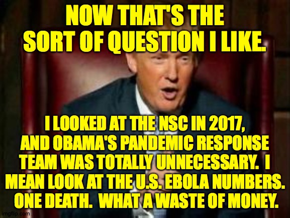 Donald Trump | NOW THAT'S THE SORT OF QUESTION I LIKE. I LOOKED AT THE NSC IN 2017,
AND OBAMA'S PANDEMIC RESPONSE TEAM WAS TOTALLY UNNECESSARY.  I MEAN LOO | image tagged in donald trump | made w/ Imgflip meme maker