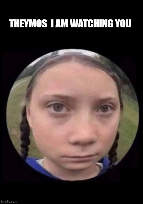 Greta Thunberg | THEYMOS  I AM WATCHING YOU | image tagged in greta thunberg | made w/ Imgflip meme maker