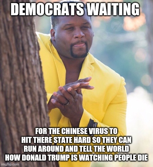 Democrat states praying there next | DEMOCRATS WAITING; FOR THE CHINESE VIRUS TO HIT THERE STATE HARD SO THEY CAN RUN AROUND AND TELL THE WORLD HOW DONALD TRUMP IS WATCHING PEOPLE DIE | image tagged in black guy hiding behind tree | made w/ Imgflip meme maker