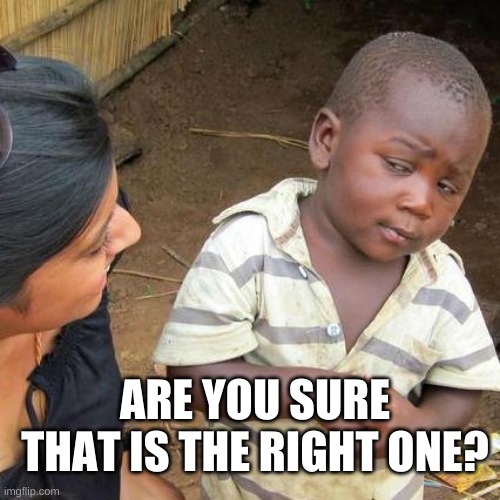 Third World Skeptical Kid | ARE YOU SURE THAT IS THE RIGHT ONE? | image tagged in memes,third world skeptical kid | made w/ Imgflip meme maker