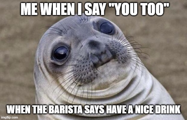 Awkward Moment Sealion Meme | ME WHEN I SAY "YOU TOO"; WHEN THE BARISTA SAYS HAVE A NICE DRINK | image tagged in memes,awkward moment sealion | made w/ Imgflip meme maker