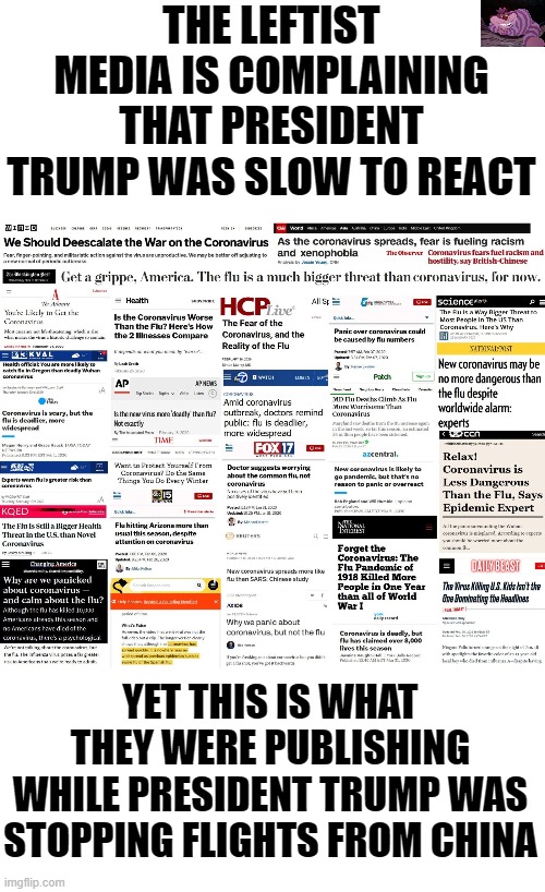 While the Dems were tying to impeach him, Trump was actually doing something | THE LEFTIST MEDIA IS COMPLAINING THAT PRESIDENT TRUMP WAS SLOW TO REACT; YET THIS IS WHAT THEY WERE PUBLISHING WHILE PRESIDENT TRUMP WAS STOPPING FLIGHTS FROM CHINA | image tagged in fake news | made w/ Imgflip meme maker