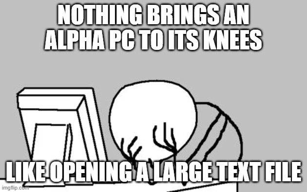 Why is this still happening?! | NOTHING BRINGS AN ALPHA PC TO ITS KNEES; LIKE OPENING A LARGE TEXT FILE | image tagged in memes,computer guy facepalm,windows 10 | made w/ Imgflip meme maker