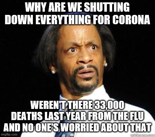 Katt Williams WTF Meme | WHY ARE WE SHUTTING DOWN EVERYTHING FOR CORONA; WEREN'T THERE 33,000 DEATHS LAST YEAR FROM THE FLU AND NO ONE'S WORRIED ABOUT THAT | image tagged in katt williams wtf meme | made w/ Imgflip meme maker