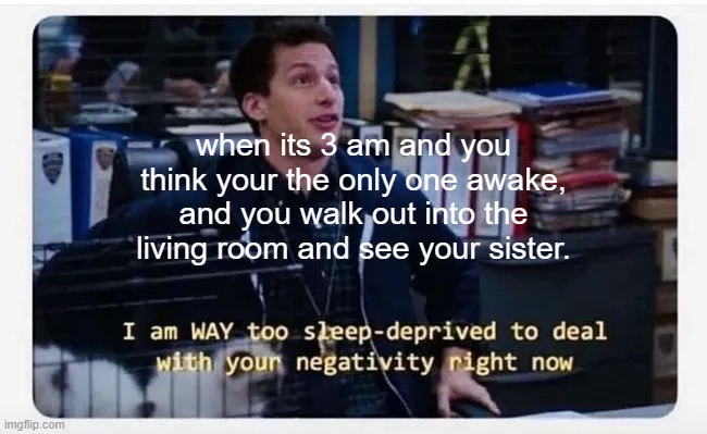 thanks for the template Ememeon | when its 3 am and you think your the only one awake, and you walk out into the living room and see your sister. | image tagged in i am way too sleep-deprived to deal with your negativity | made w/ Imgflip meme maker