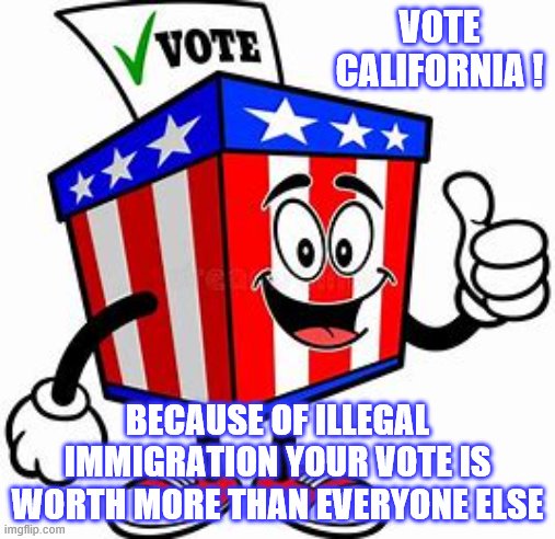 yep | VOTE CALIFORNIA ! BECAUSE OF ILLEGAL IMMIGRATION YOUR VOTE IS WORTH MORE THAN EVERYONE ELSE | image tagged in democrats,census,election 2020,california | made w/ Imgflip meme maker