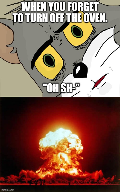 Why Tom!? | WHEN YOU FORGET TO TURN OFF THE OVEN. "OH SH-" | image tagged in memes,nuclear explosion,unsettled tom | made w/ Imgflip meme maker