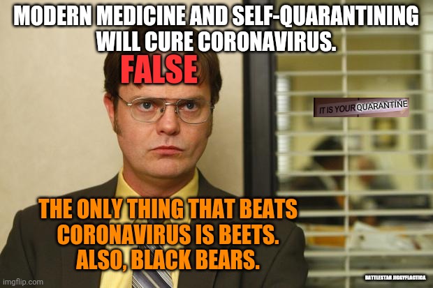 Dwight false | MODERN MEDICINE AND SELF-QUARANTINING
WILL CURE CORONAVIRUS. FALSE; QUARANTINE; THE ONLY THING THAT BEATS
CORONAVIRUS IS BEETS.
ALSO, BLACK BEARS. BATTLESTAR JIGGYFLACTICA | image tagged in dwight false,coronavirus,covid-19,quarantine,hand sanitizer,toilet paper | made w/ Imgflip meme maker