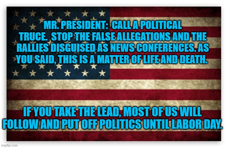 HD US Flag | MR. PRESIDENT:  CALL A POLITICAL TRUCE.  STOP THE FALSE ALLEGATIONS AND THE RALLIES DISGUISED AS NEWS CONFERENCES. AS YOU SAID, THIS IS A MATTER OF LIFE AND DEATH. IF YOU TAKE THE LEAD, MOST OF US WILL FOLLOW AND PUT OFF POLITICS UNTIL LABOR DAY. | image tagged in hd us flag | made w/ Imgflip meme maker